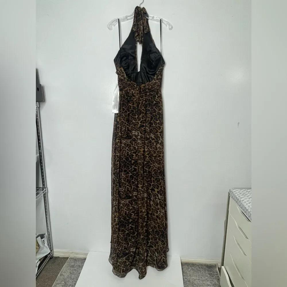 Mac Duggal 67360 Bow Detail Animal Print Open Back Halter Gown, Cheetah, Size 2